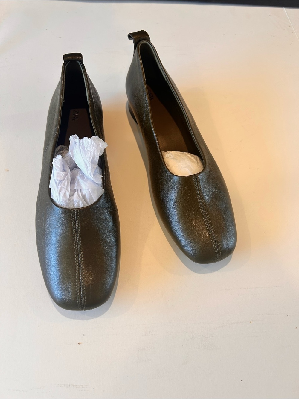 Zara Brown Green Square Toe Ballet Flats Minimalist Slip-On Shoes sz 39 8/ 8.5 - Picture 3 of 11